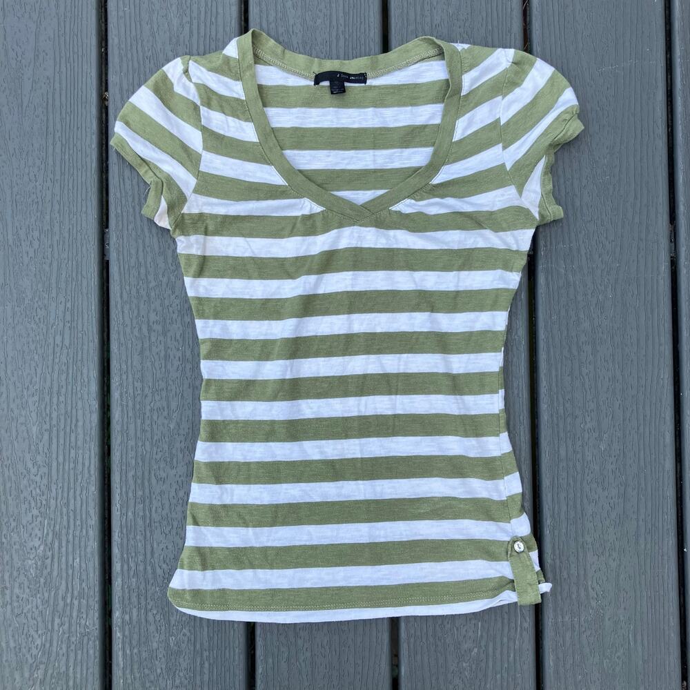 Green and white striped v neck tshirt, y2k 2000s 2010s indie preppy